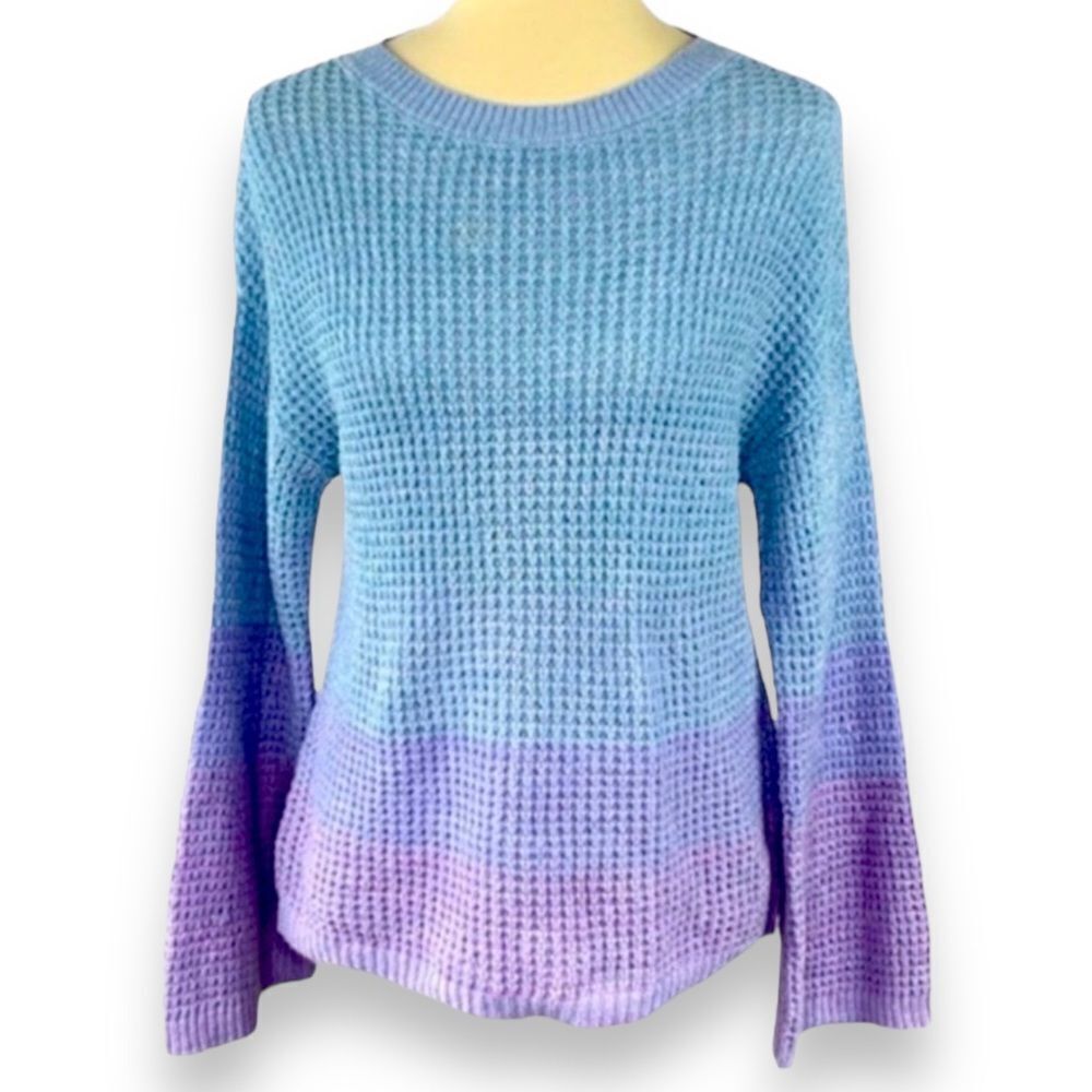 Blue Gradient Crew Neck Bell Sleeves Textured Knit Sweater -NEW